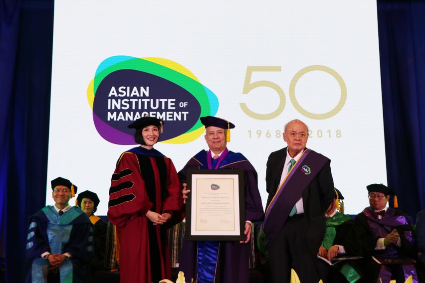 Jikyeong Kang, Ph.D., Erramon Isidro Aboitiz, and Mr Peter Garrucho, Jr., OBE, during the Awarding of Honorary Doctoral Degree 