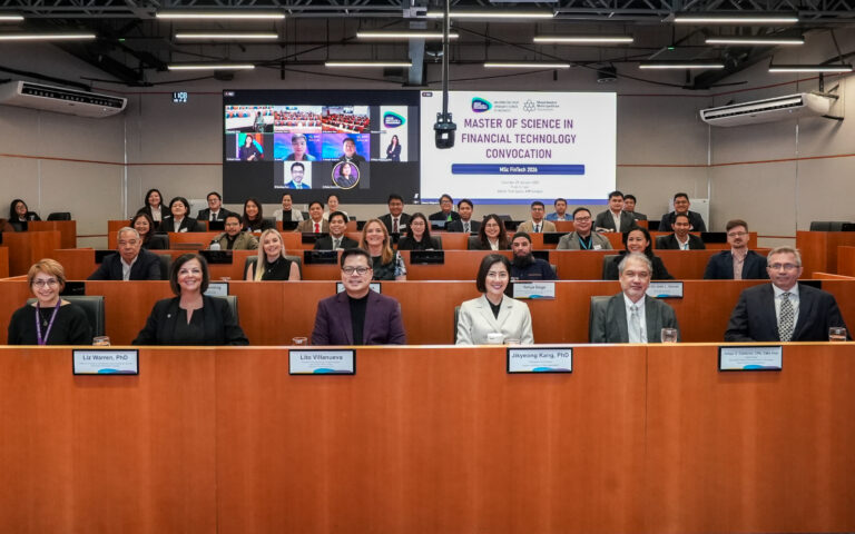 The students of the Master of Science in Financial Technology Cohort 2026 pose with professors and representatives from both the Asian Institute of Management and Manchester Metropolitan University.