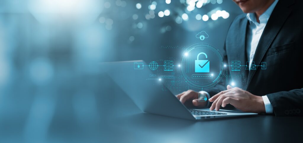 Businessman,Secures,Data,With,Encryption,And,Network,Security,,Protecting,Transactions.