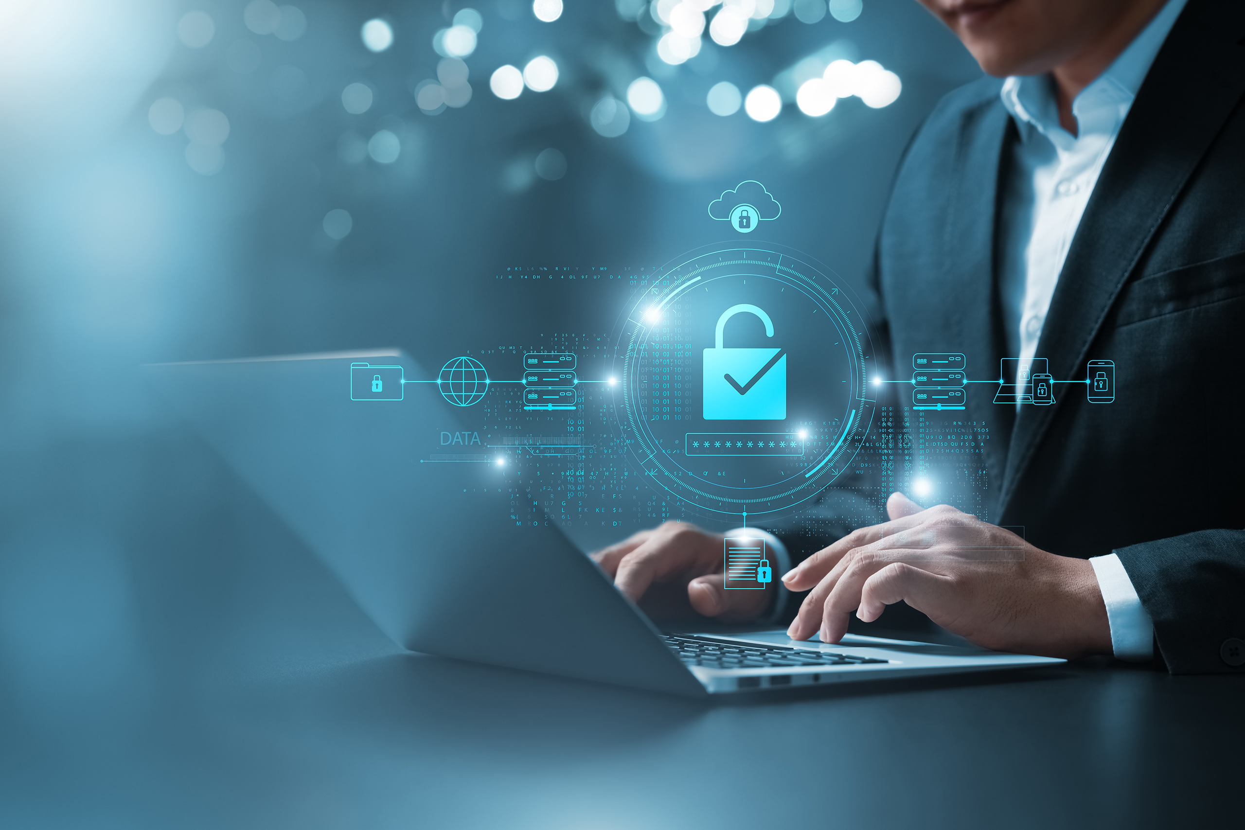 Businessman,Secures,Data,With,Encryption,And,Network,Security,,Protecting,Transactions.