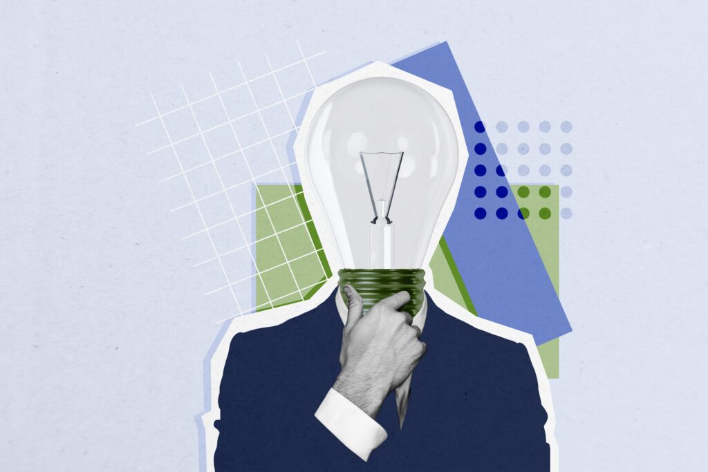 Composite photo collage of thoughtful man with a lightbulb