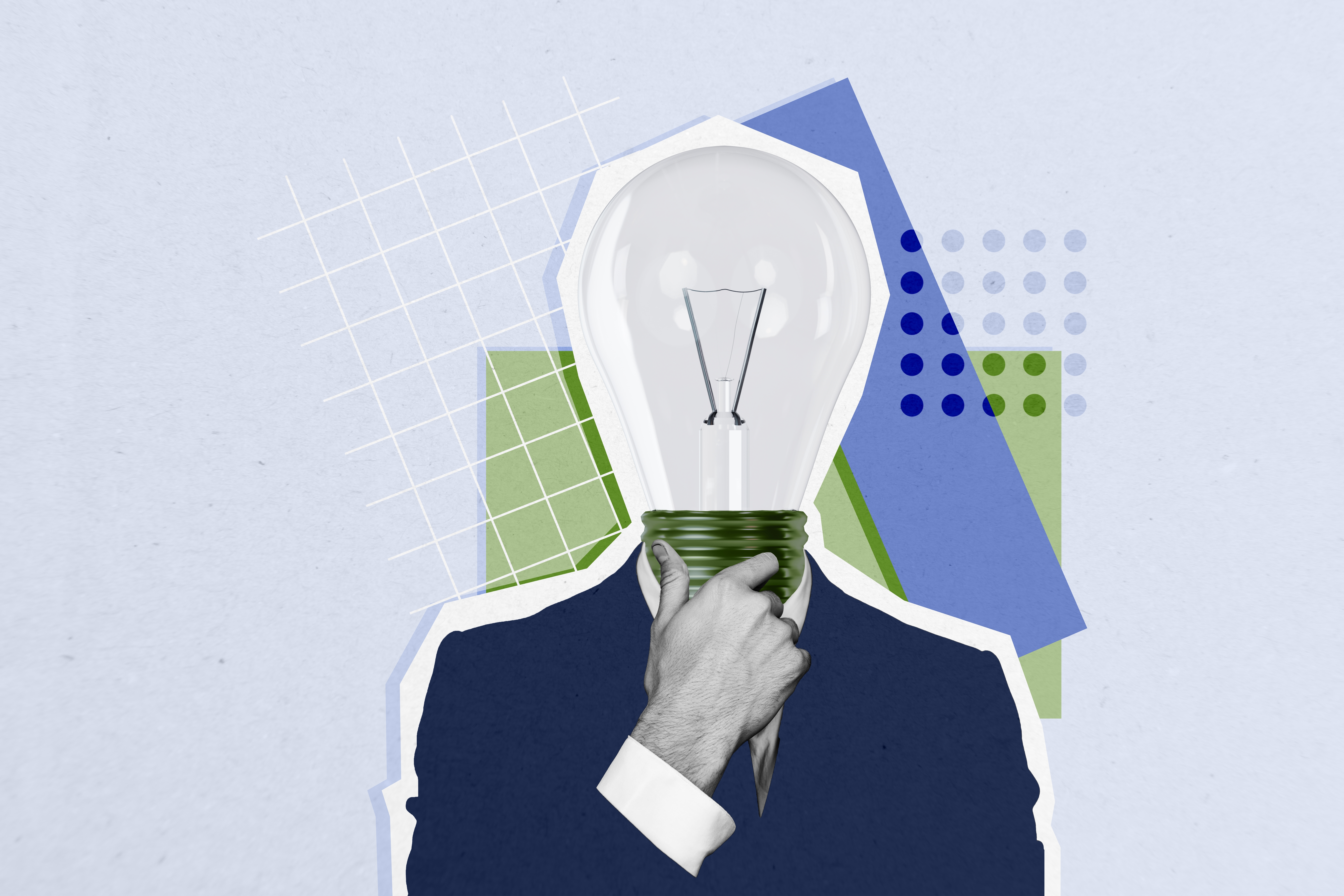 Composite photo collage of thoughtful man with a lightbulb