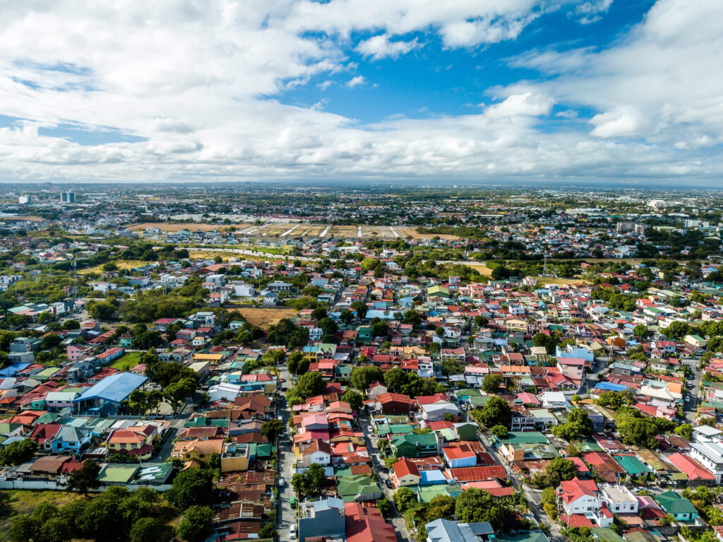 aerial view of a town with many houses