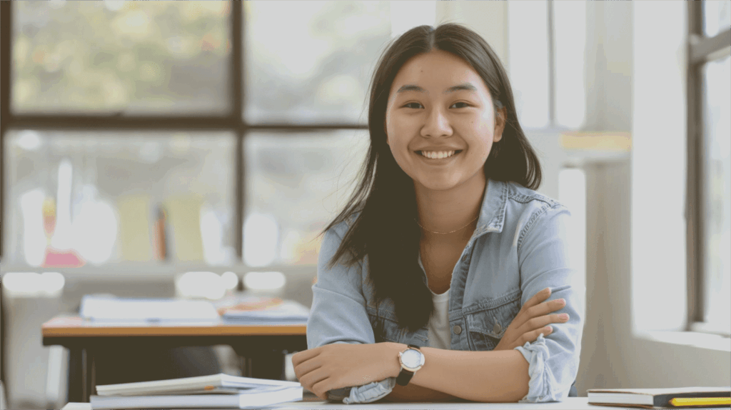A female student smiling in a classroom.