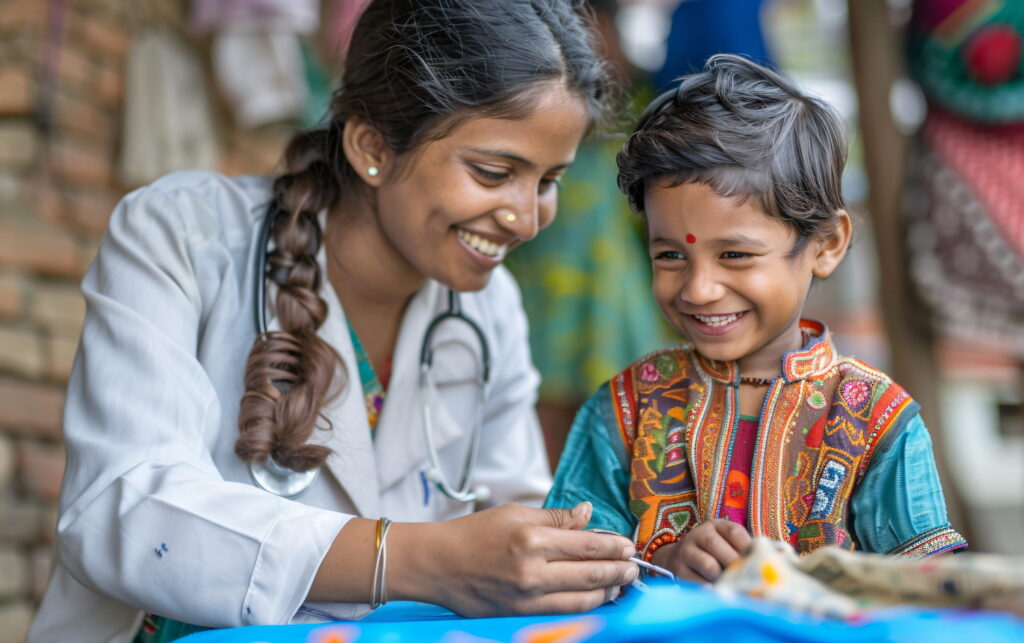 A community health worker wearing a stethoscope smiling while examining a young child during a local rural health outreach initiative