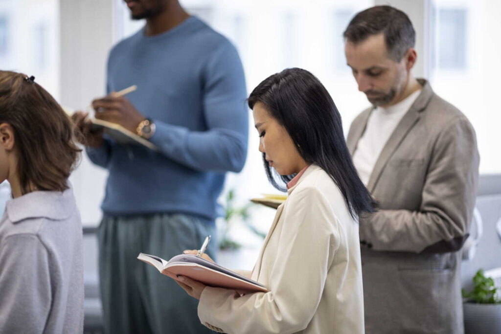 Attendees standing in line and writing notes in notebooks during a class workshop.